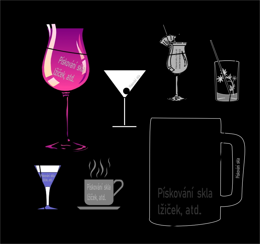 Dekorativní pískování pohárů, skleniček, zrcadel i kovových lžiček.